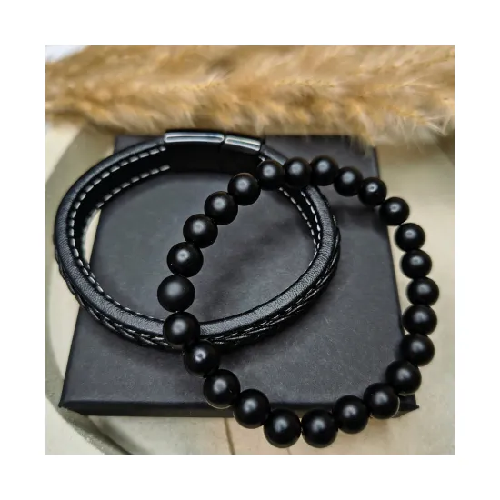 Bransoletka męska czarna talizman amulet ochrona siła + skóra naturalna